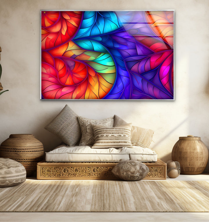 Rainbow Leaf Abstract Glass Wall Art – Multicolor Stained Design