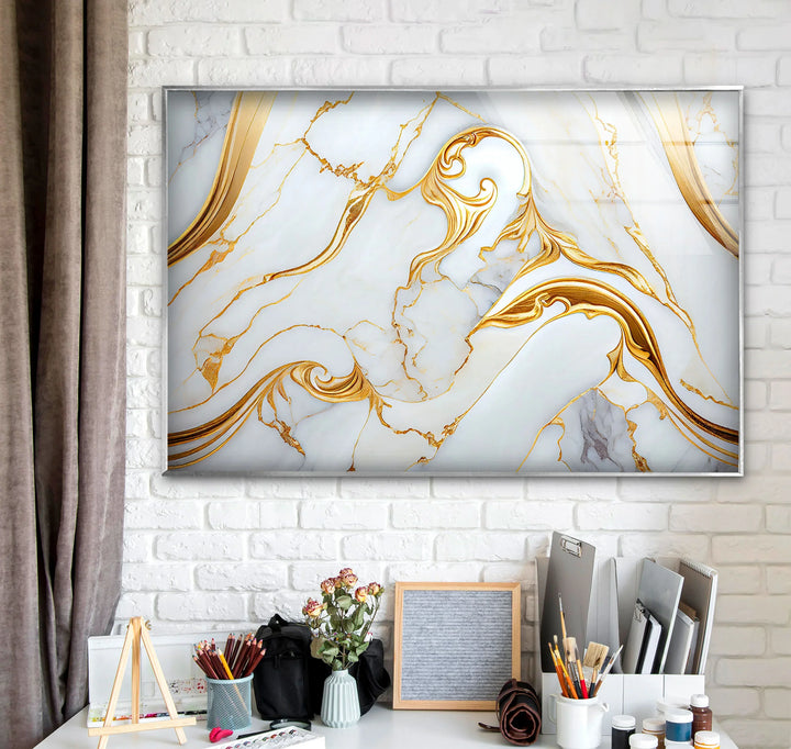 Luxury White Marble Wall Art with Gold Swirl – Elegant Glass Print for Modern Interiors - MyPhotoStation