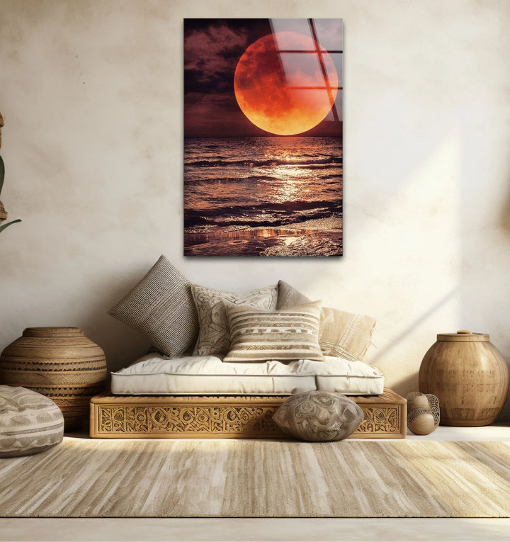 Red Moon Over Ocean Glass Wall Art – Dramatic Lunar Seascape Print for Bold Modern Decor - MyPhotoStation