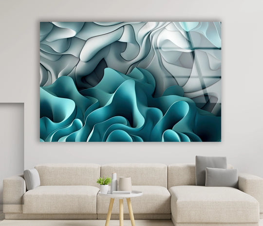 Horizontal abstract glass wall art decor featuring flowing teal and grey organic shapes.