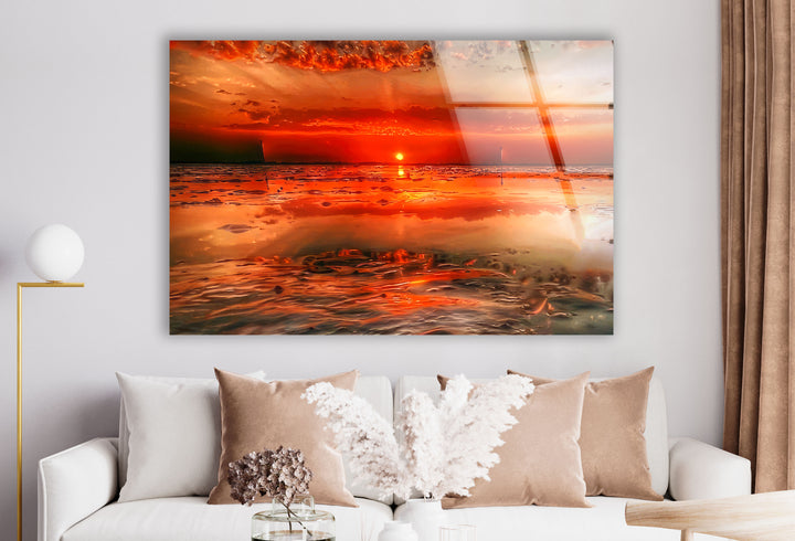 Feurige Sonnenuntergangsküste Wandkunst – Lebendiger Ozean-Glasdruck 