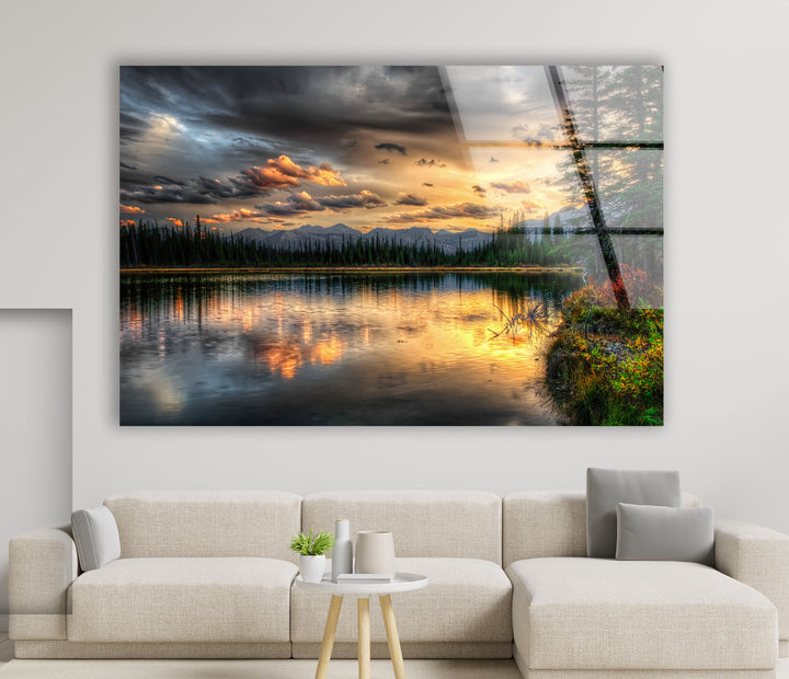 Sunset Lake Wall Art – Serene Forest Landscape Glass Print