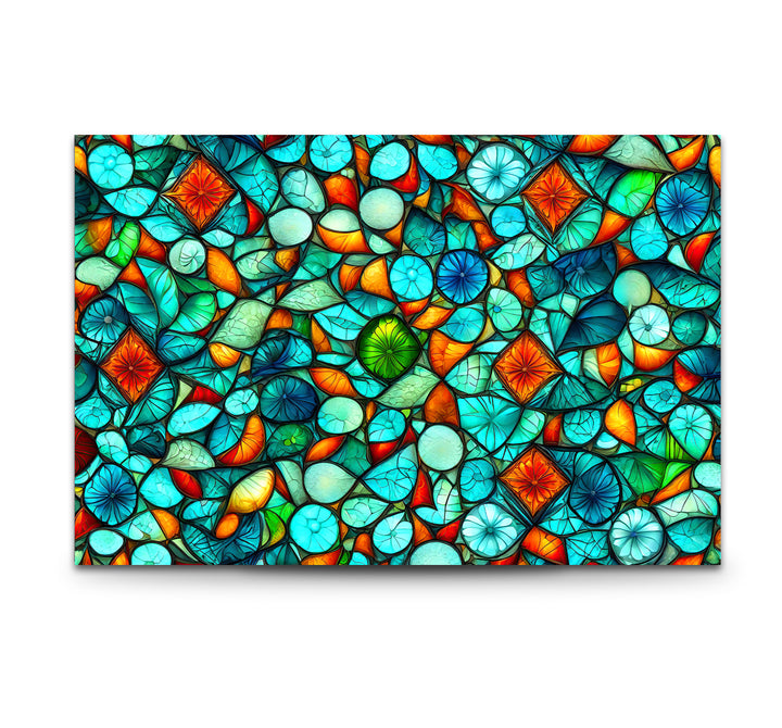 Lebendige Buntglas-Wandkunst – Abstraktes Mosaikmuster in Türkis und Orange