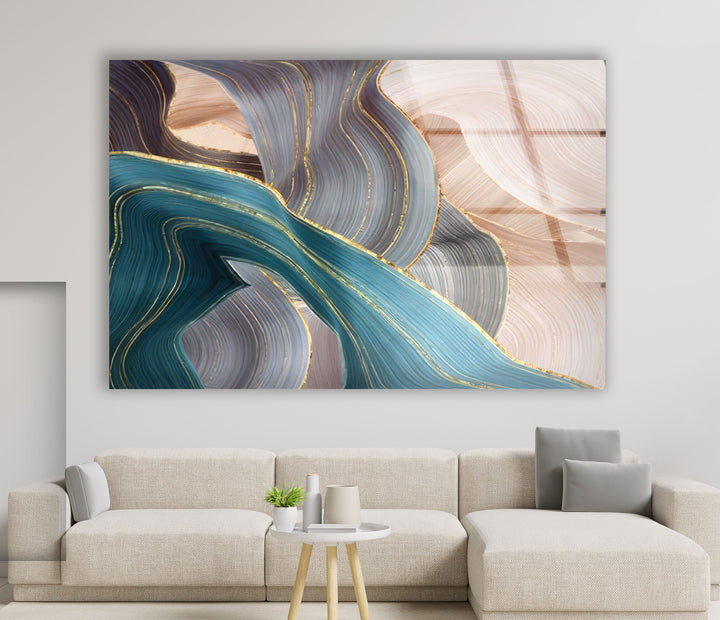 Goldene Adern Abstrakte Wandkunst – Blauer und beiger Glasdruck 