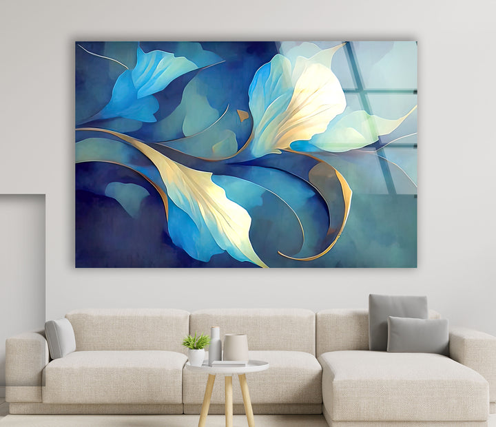 Blue Bloom Wandkunst – Eleganter floraler Glasdruck für Wohnräume 