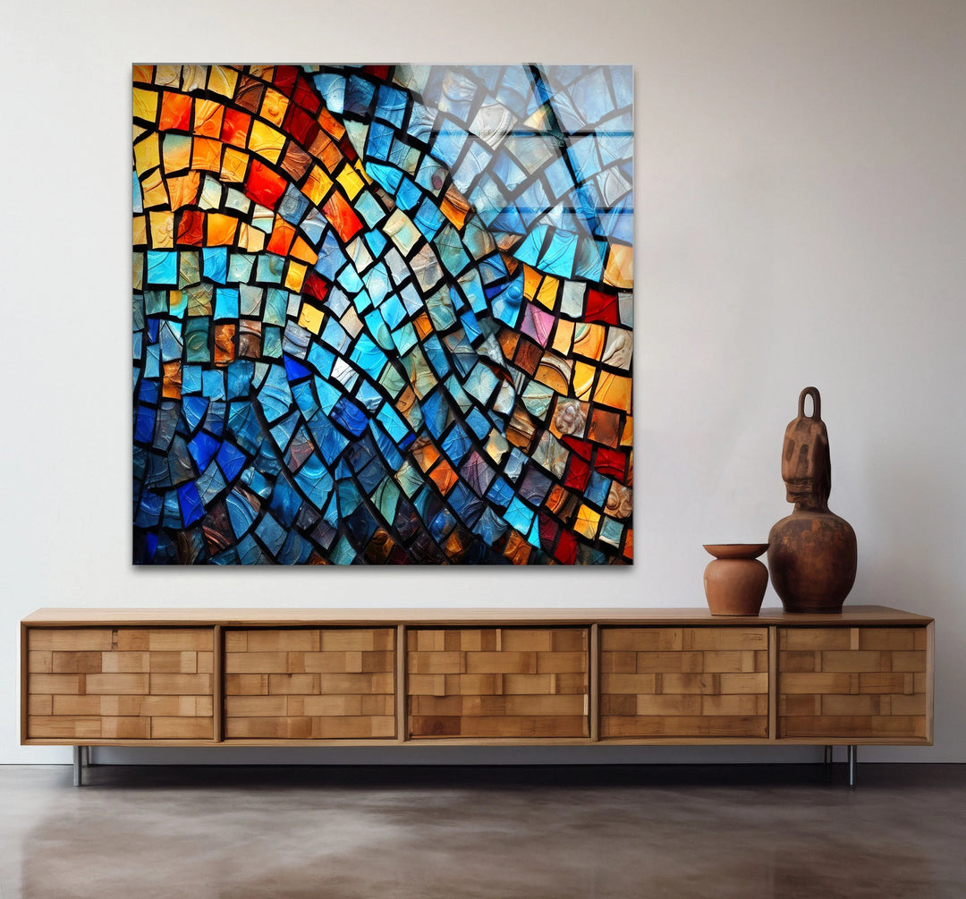 Vibrant Mosaic Wave Glass Wall Art – Colorful Abstract Squares Decor - MyPhotoStation