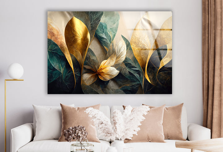 Goldene botanische Wandkunst – Luxuriöser floraler Glasdruck 