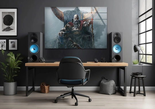 Reflecting light with a smooth surface texture, the mythic warrior king on throne glass art painting showcases bold detail on tempered glass.