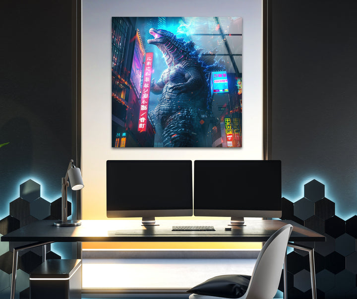 Godzilla Neon City Glass Wall Art photo print on glass, prints on glass wall art

