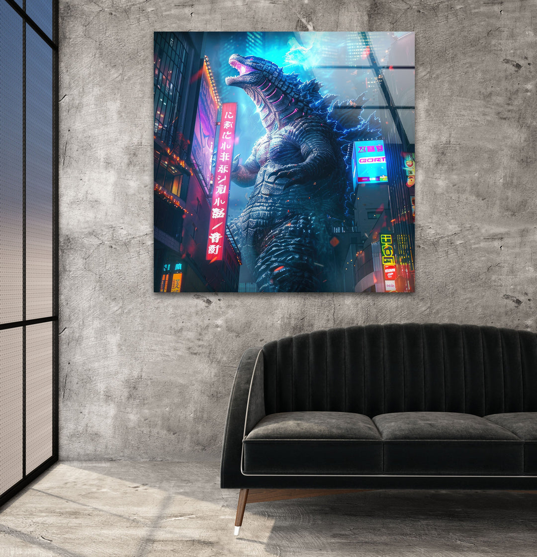 Godzilla Neon City Glass Wall Art glass pictures for Wall, glass prints wall art
