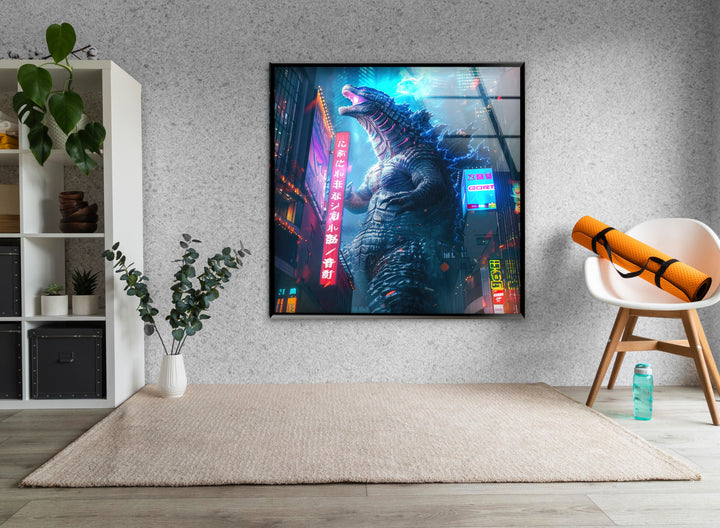 Godzilla Neon City Glass Wall Art custom glass pictures, glass art prints
