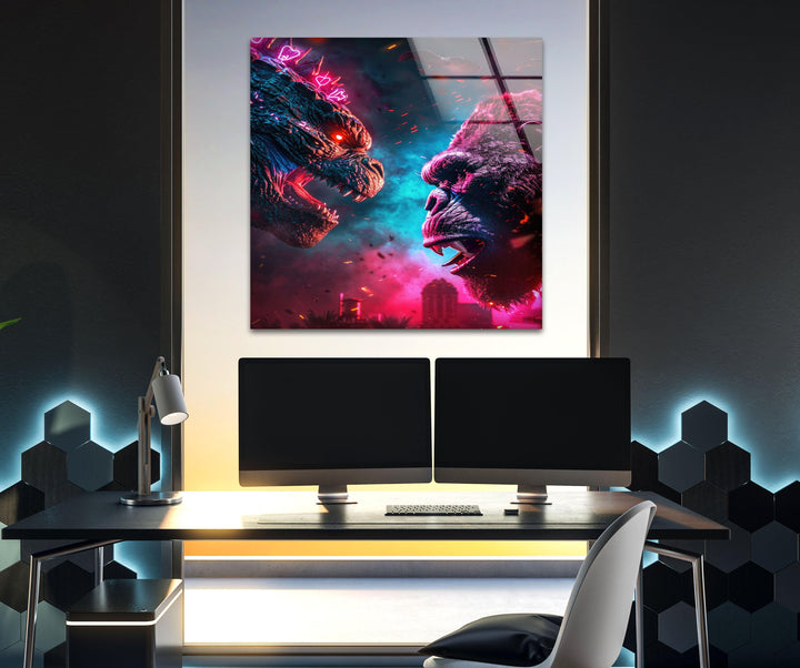 Godzilla vs King Kong Glass Wall Art glass photo prints, glass picture prints
