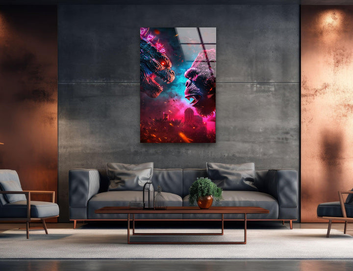 Godzilla vs King Kong Glass Wall Art glass pictures for Wall, glass prints wall art
