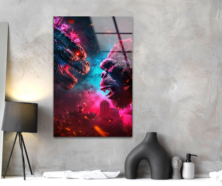 Godzilla vs King Kong Glass Wall Art custom glass pictures, glass art prints
