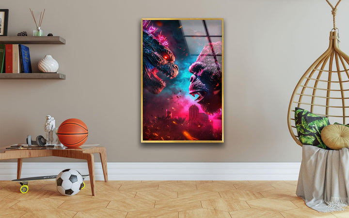 Godzilla vs King Kong Glass Wall Art photo print on glass, prints on glass wall art
