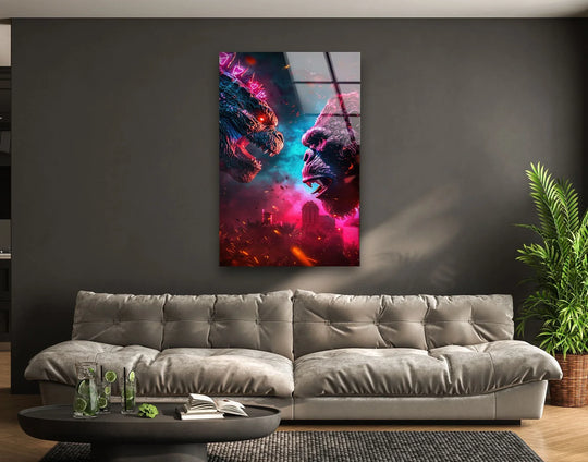 Focal point shows the neon monster face off in this tempered glass wall art, a vibrant piece featuring a cinematic battle with a bold city backdrop.