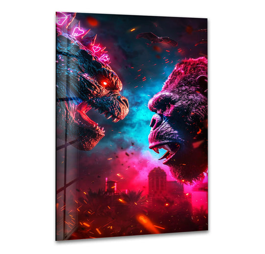 A striking transition between cool aquamarine and intense magenta highlights the neon monster face off in this captivating art from glass wall art.