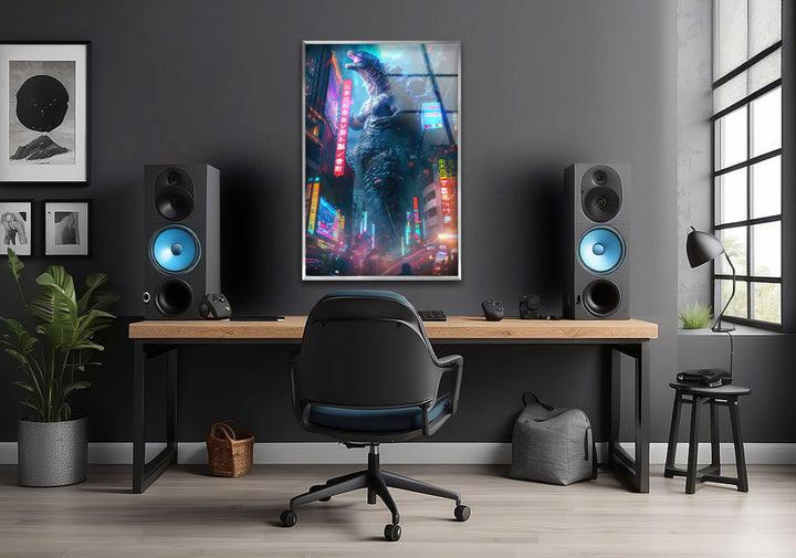 Godzilla Neon City Glass Wall Art large glass photo prints, glass wall photos
