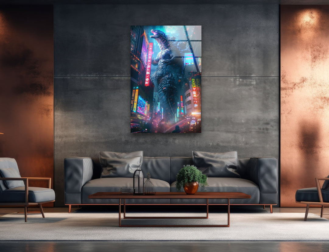 Godzilla Neon City Glass Wall Art custom glass photo prints, large glass prints
