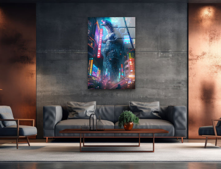 Godzilla Neon City Glass Wall Art custom glass photo prints, large glass prints
