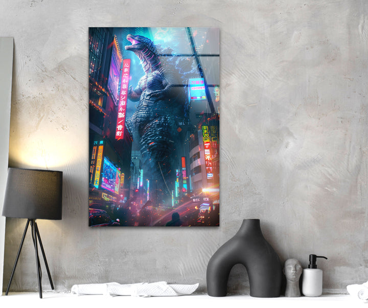 Godzilla Neon City Glass Wall Art art glass wall art, glass wall art pictures