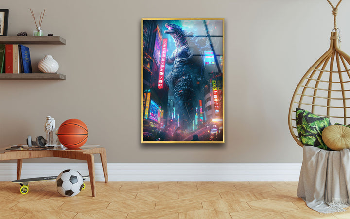 Godzilla Neon City Glass Wall Art Glass Printing Wall Art, Print photos on glass
