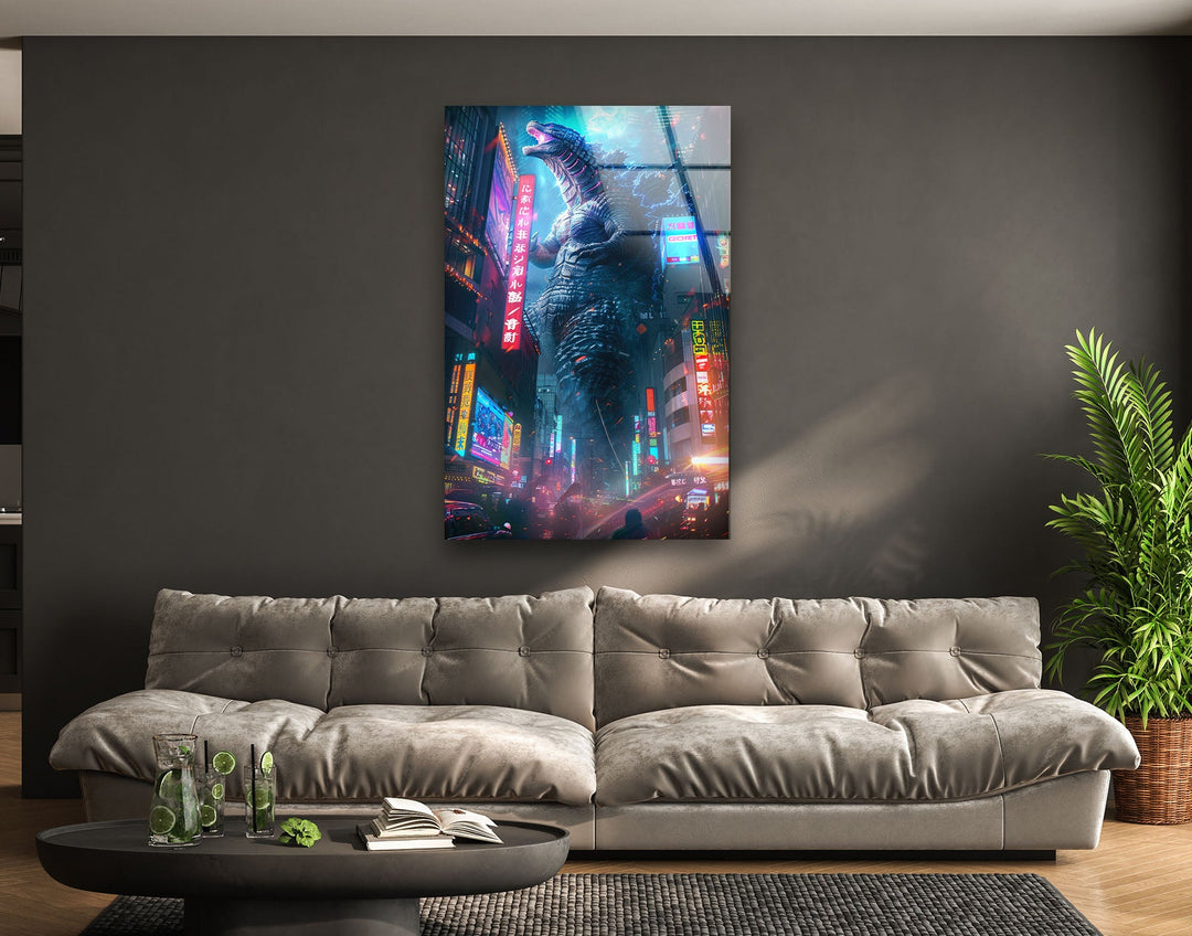 Godzilla Neon City Glass Wall Art glass art painting, glass art for the Wall
