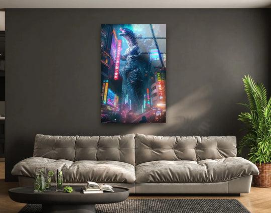 Neon signs illuminate the giant monster in this cinematic print wall art, a captivating focal point in the neon city glass wall art.