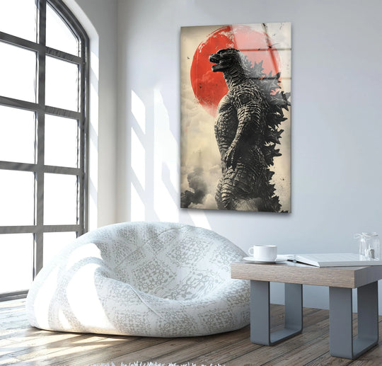 Tempered glass finish reflects the minimalist city glass wall art, a monster silhouette with a red sun, perfect as hanging wall art for modern interiors.