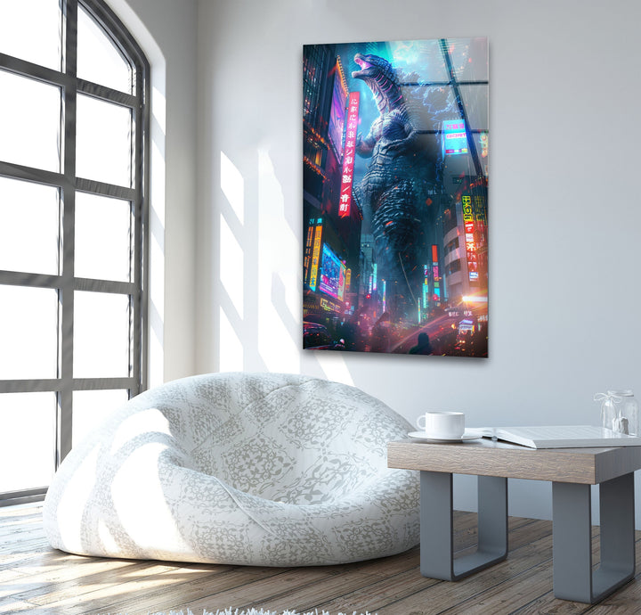 Godzilla Neon City Glass Wall Art glass photo prints, glass picture prints
