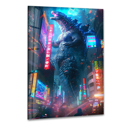 Featuring a glossy surface texture, this giant monster in neon city glass wall artwork has a sleek, reflective sheen that adds depth and visual interest.
