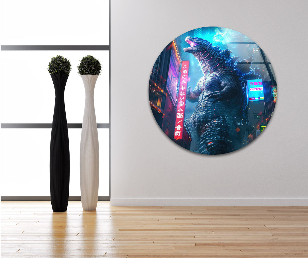 Godzilla Neon City Glass Wall Art glass image printing, glass prints from photos
