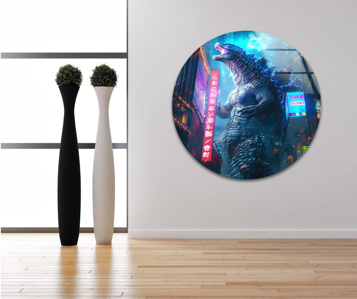 Godzilla Neon City Glass Wall Art glass image printing, glass prints from photos
