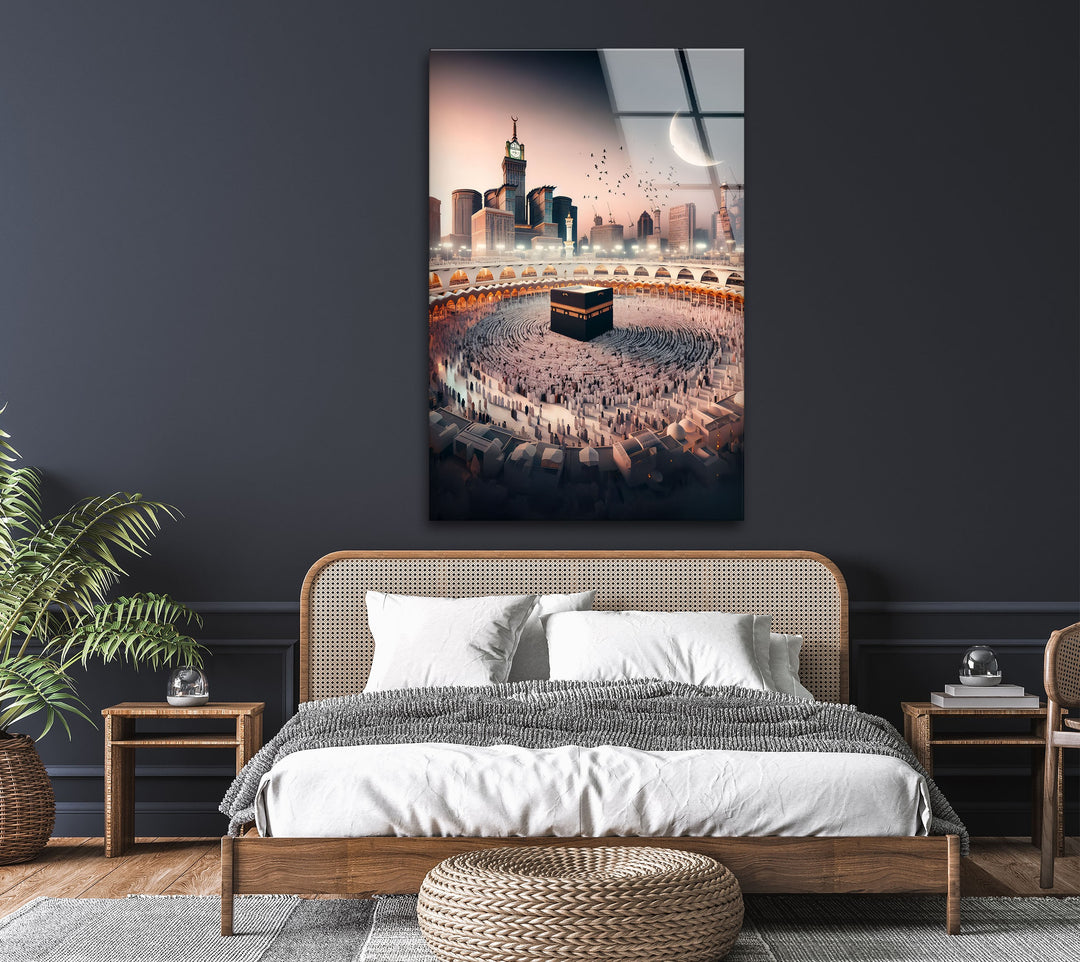 Islamic home décor of illuminated Kaaba under night sky