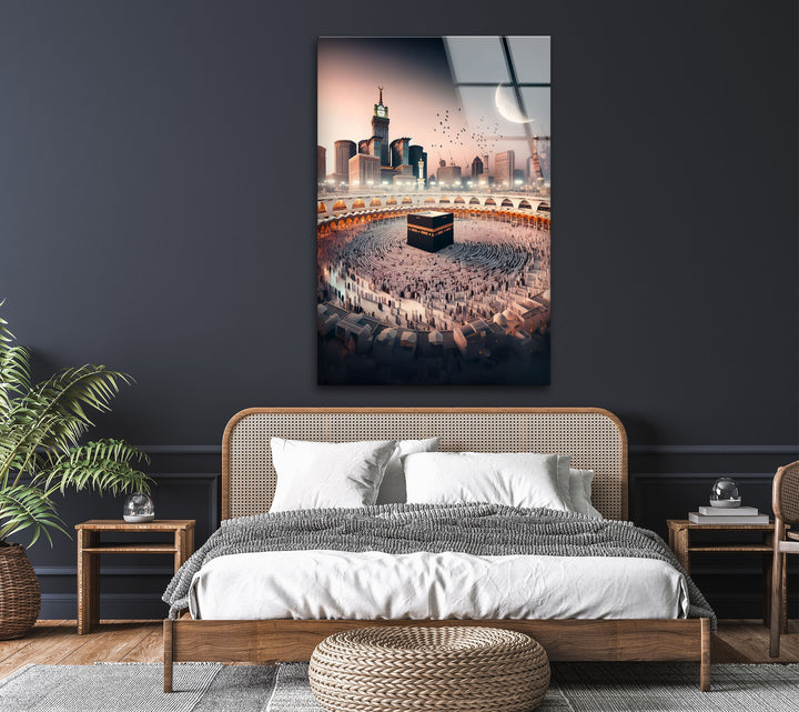 Islamic home décor of illuminated Kaaba under night sky