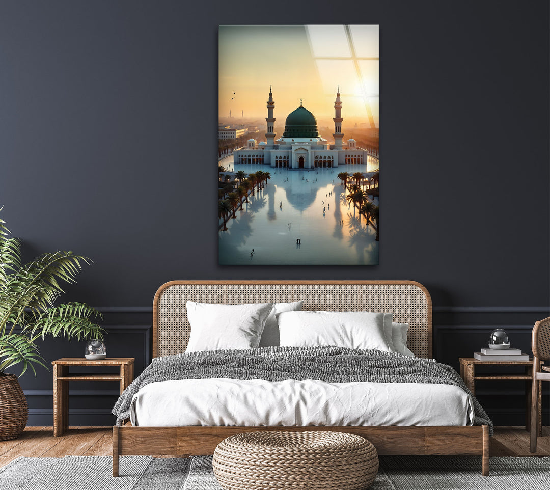Islamic décor featuring Al-Masjid an-Nabawi in golden dawn