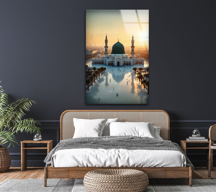 Islamic décor featuring Al-Masjid an-Nabawi in golden dawn