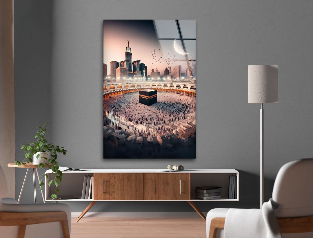 Celestial Harmony – Kaaba and Crescent Over Mecca Glass Wall Art
