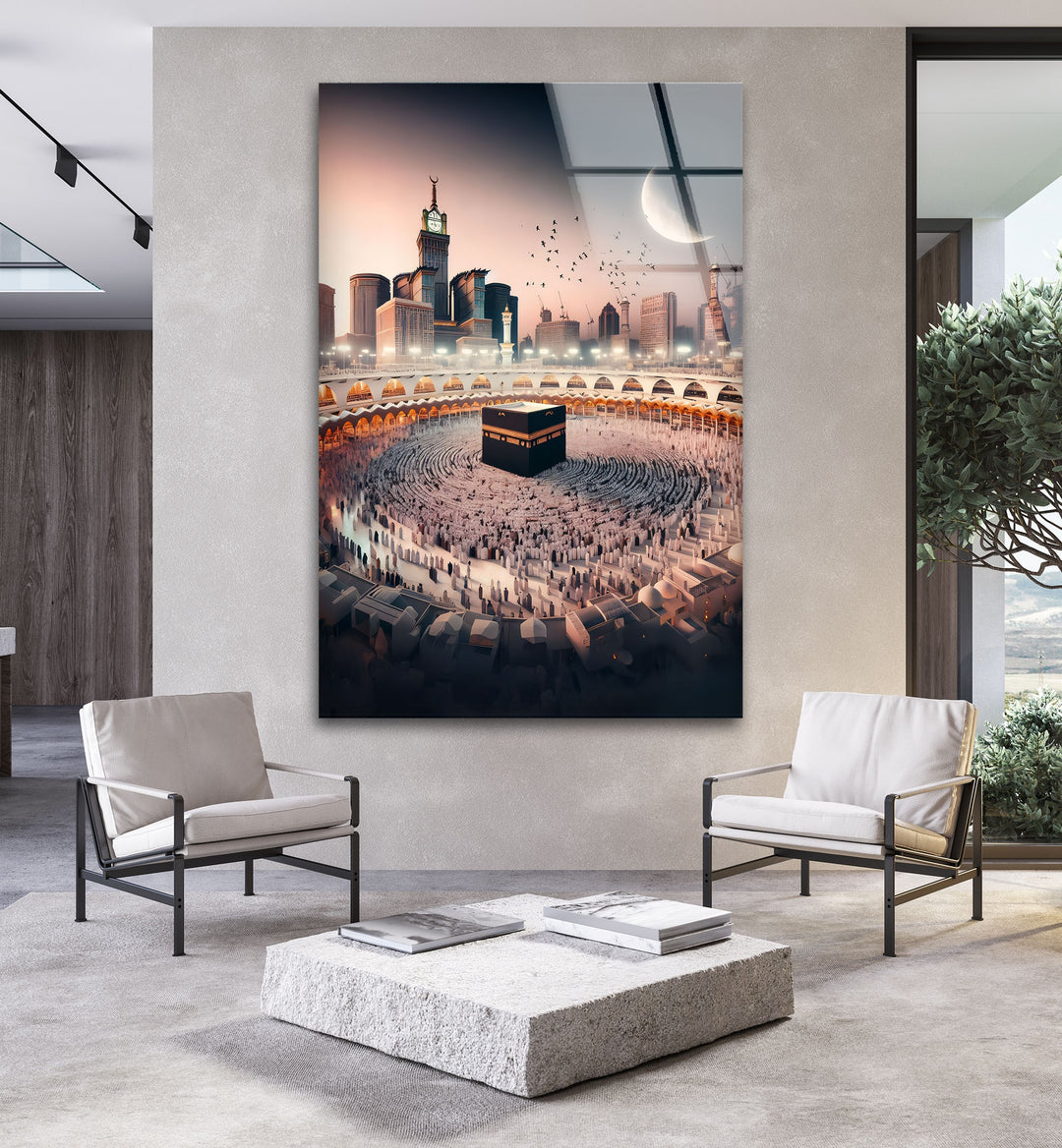 Celestial Harmony – Kaaba and Crescent Over Mecca Glass Wall Art