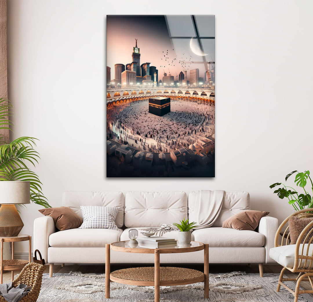 Celestial Harmony – Kaaba and Crescent Over Mecca Glass Wall Art
