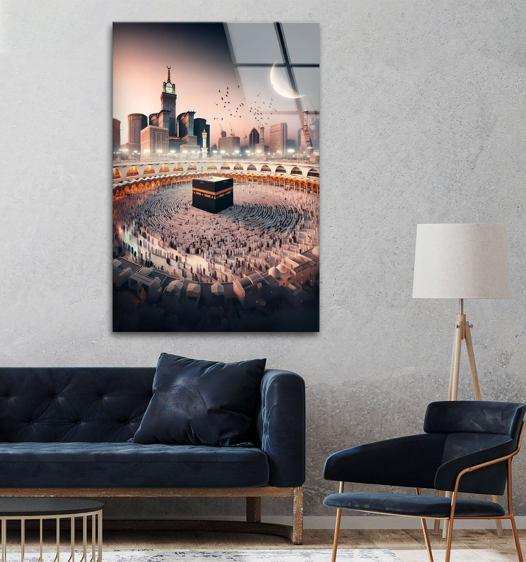 Celestial Harmony – Kaaba and Crescent Over Mecca Glass Wall Art