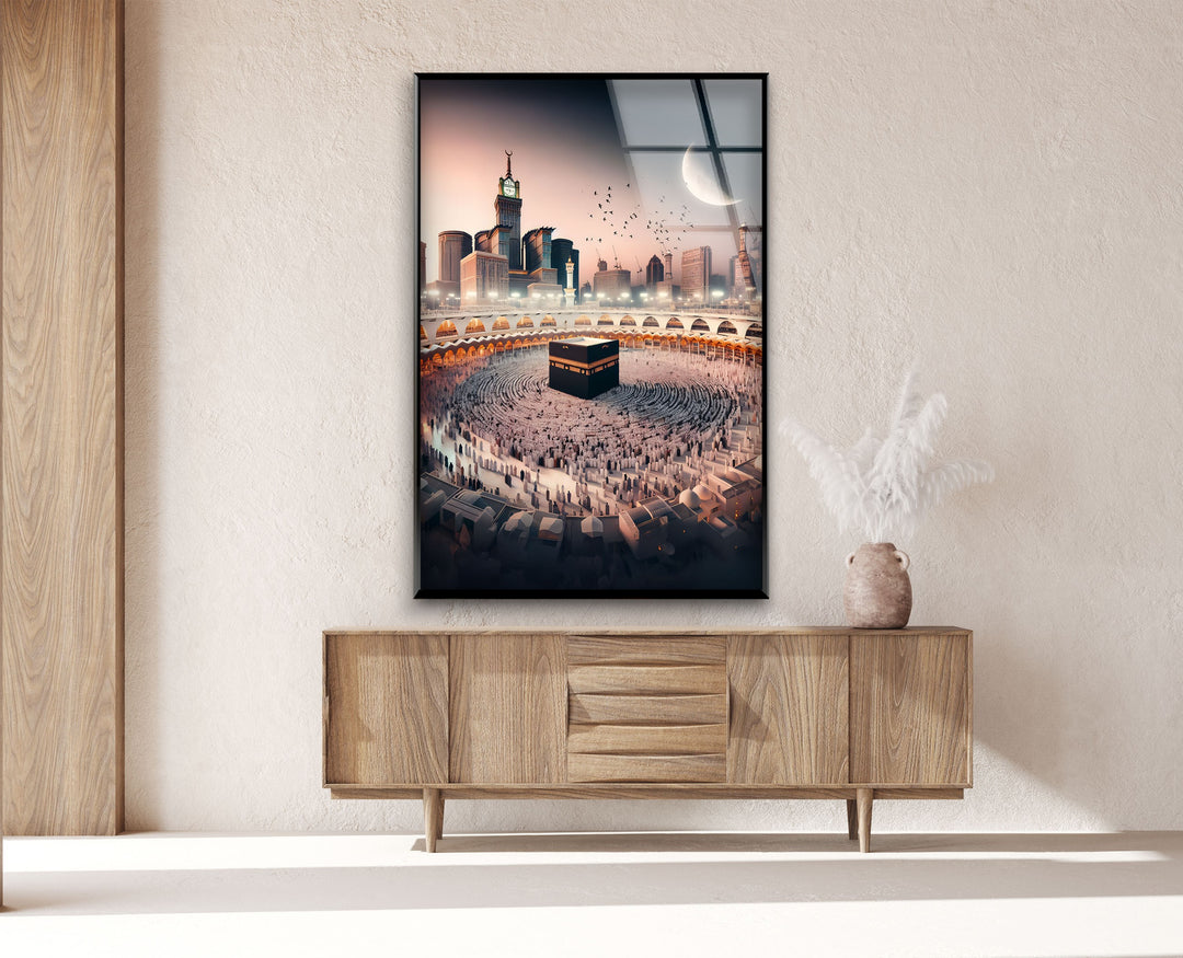 Celestial Harmony – Kaaba and Crescent Over Mecca Glass Wall Art