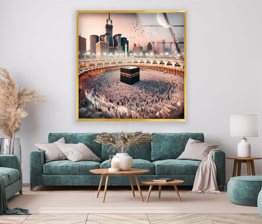 Religion glass wall art of the Kaaba and crescent over Mecca and Islamic modern décor with crescent moon motif blending beauty