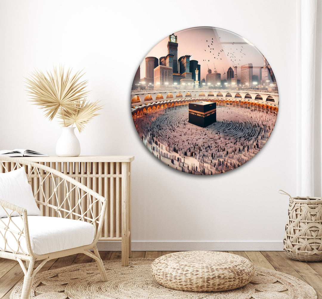 Spiritual artwork of Kaaba and crescent moon on tempered glass