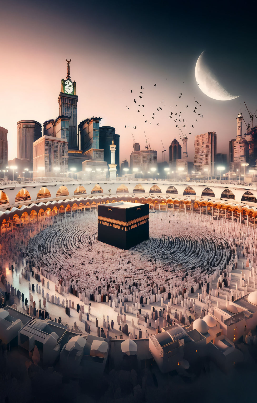 Celestial Harmony – Kaaba and Crescent Over Mecca Glass Wall Art