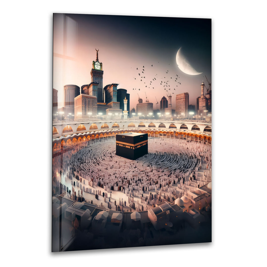 Kaaba glass wall art with crescent moon and Mecca skyline
