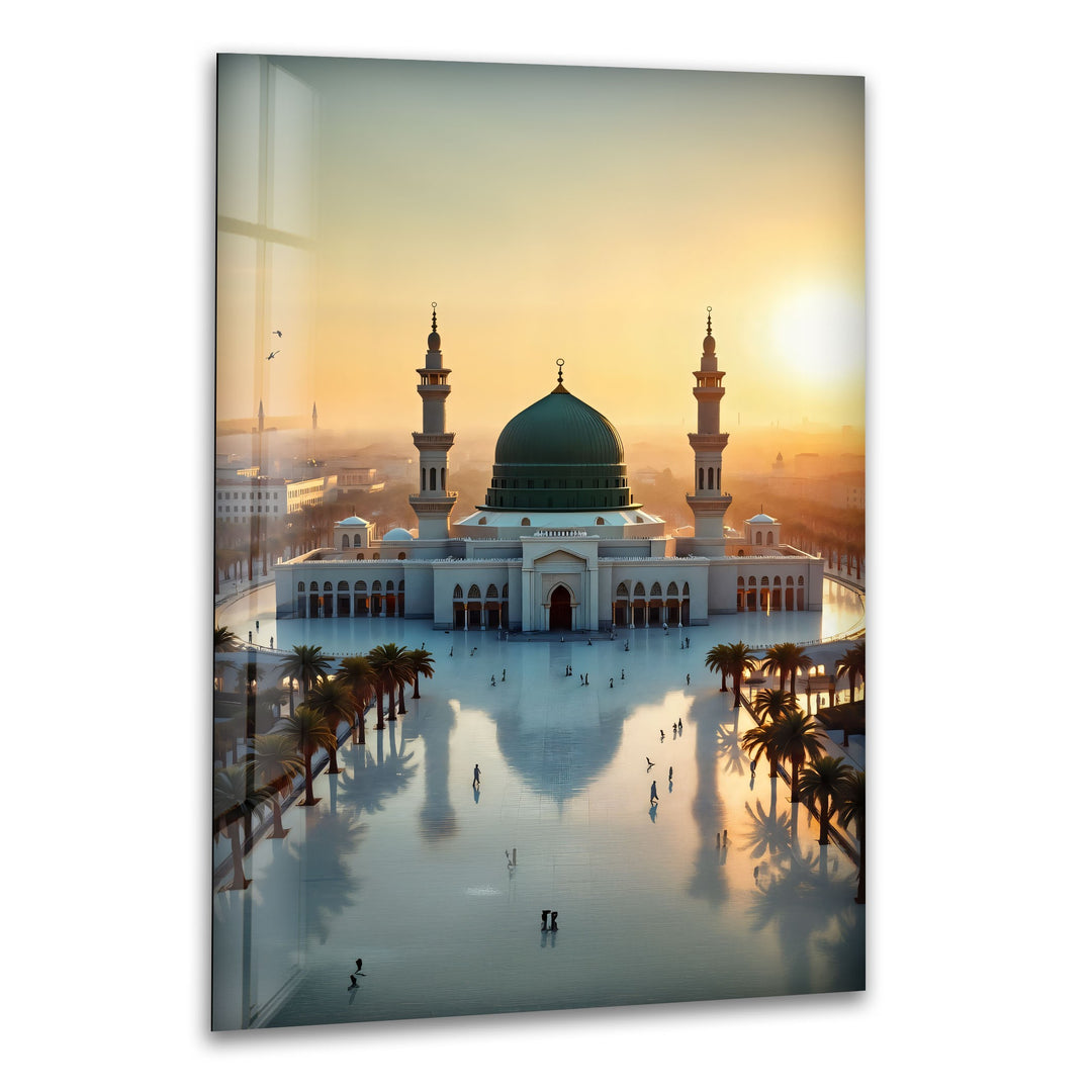 Prophet’s Mosque Medina glass wall art under sunrise light