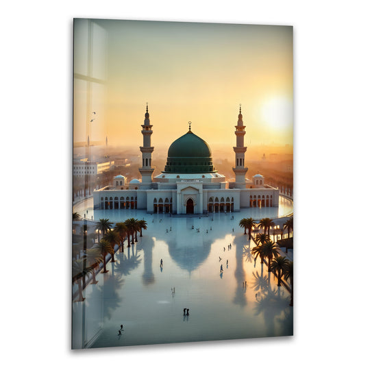 Religion glass wall art golden dawn and Prophet’s Mosque Medina plus Islamic decor and elegant sunrise faith piece