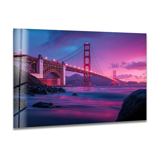 Pink and blue hues dominate this Golden Gate Bridge sunset scene in decorative wall art, highlighting San Francisco's iconic cityscape.