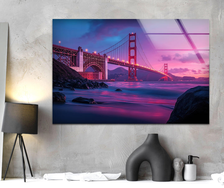 Golden Gate Bridge in San Francisco Sunset Glass Wall Art glass wall decor, glass wall art decor

